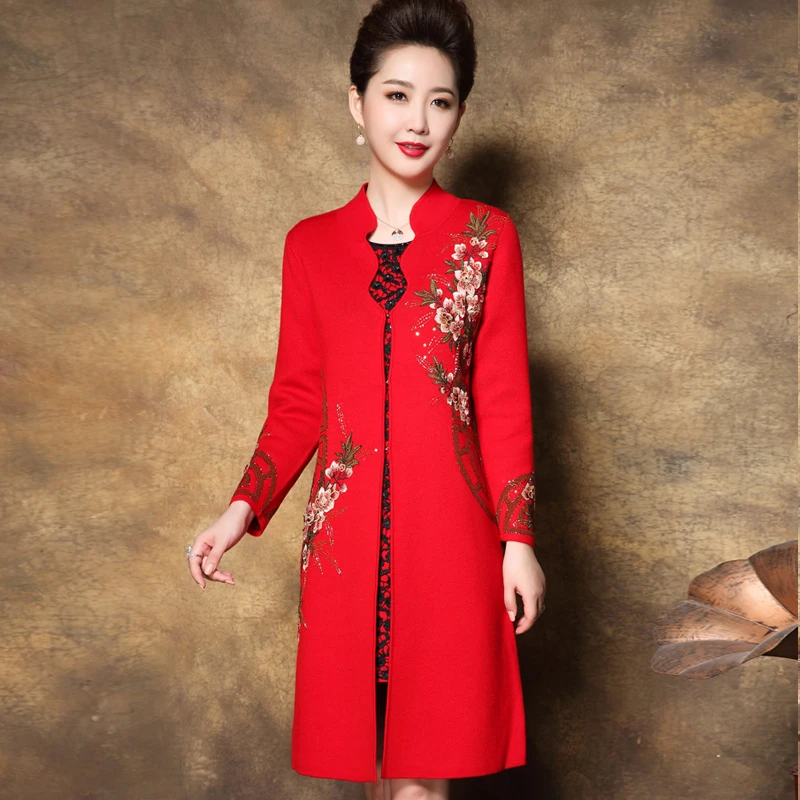 亿喜绣中长款外套中老年秋冬婚礼妈妈开衫喜婆婆绣花大衣81927