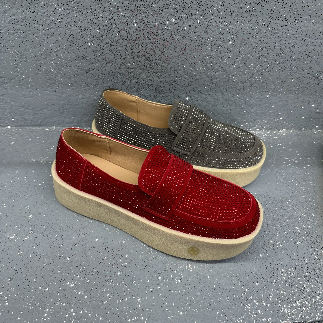 A-17水钻欧美四季一脚蹬乐福鞋豆豆鞋满钻时尚满印休闲鞋女鞋鞋子