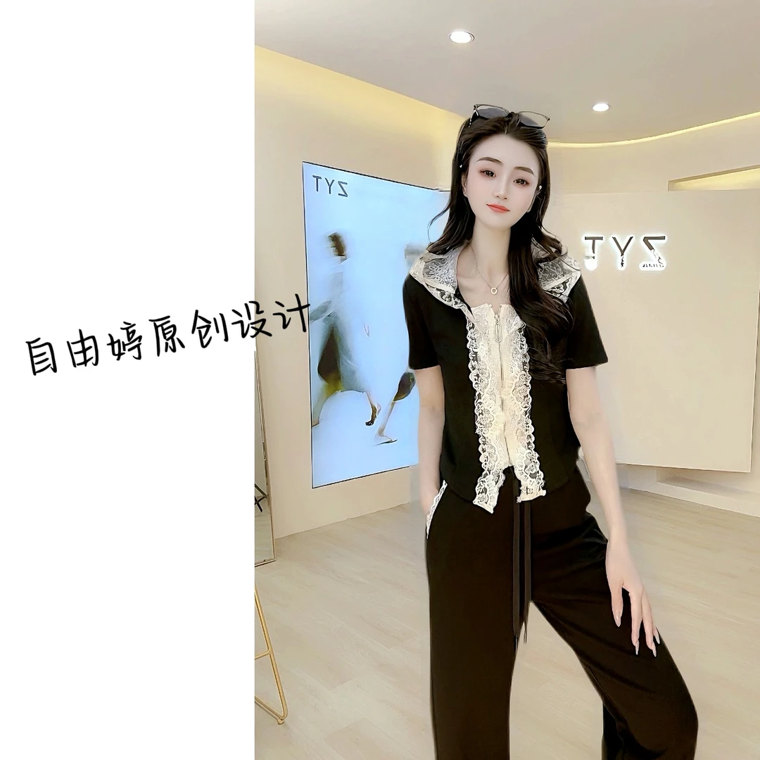 休闲蕾丝拼接连帽短袖直筒裤两件套女夏季新款运动服时尚减龄套装
