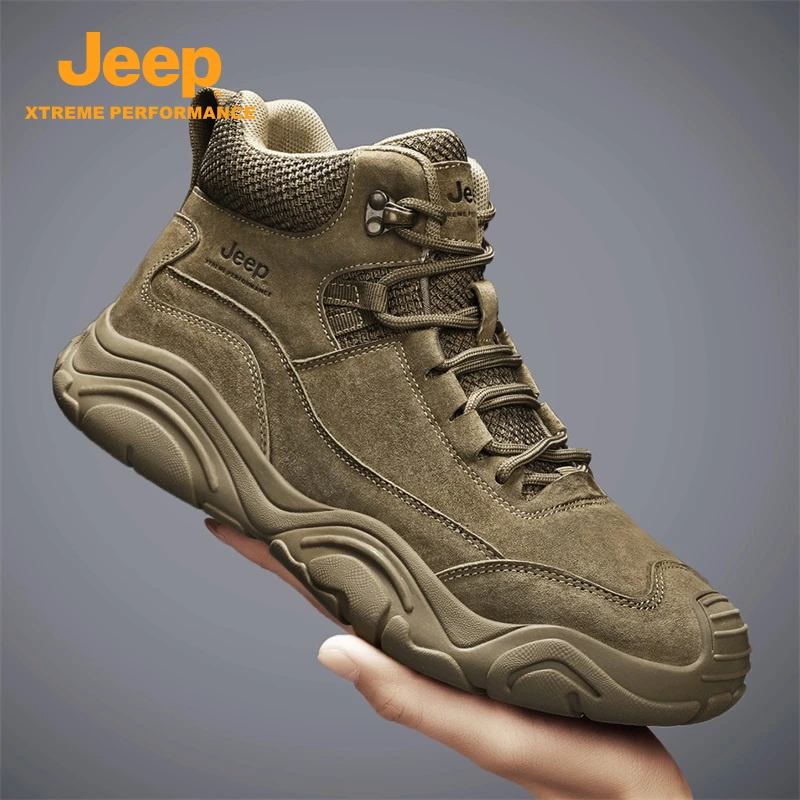 JEEP男鞋2025春季新款真皮徒步工装鞋户外高帮厚底耐磨登山老爹鞋