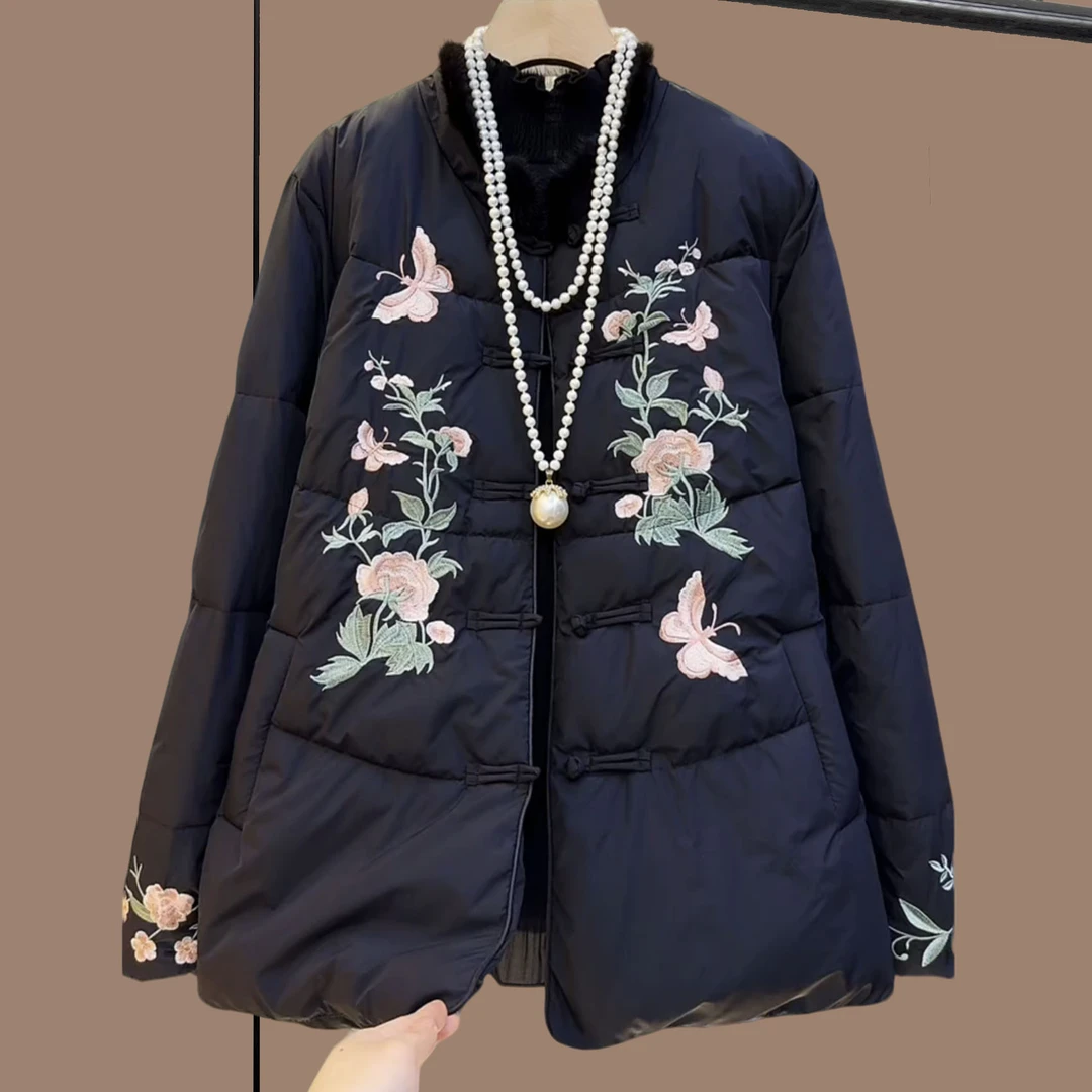 秋冬季大码女装胖妹妹黑色刺绣新中式国风复古盘扣遮肉夹棉单外套