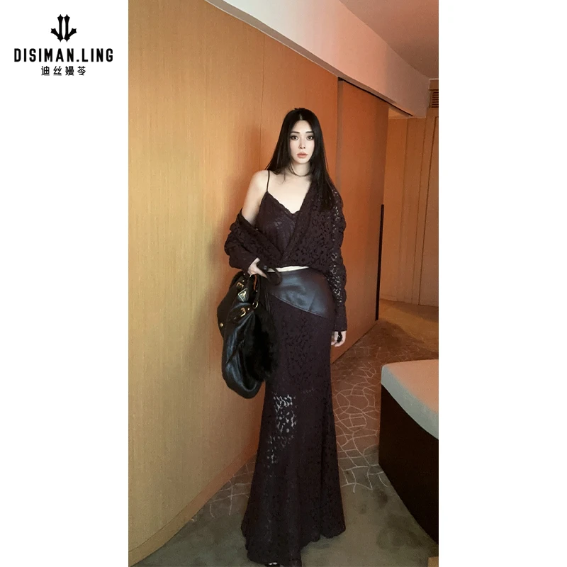 【迪丝嫚苓】咖色棉套装气质长袖百搭女士镂空原创设计师小众优雅感