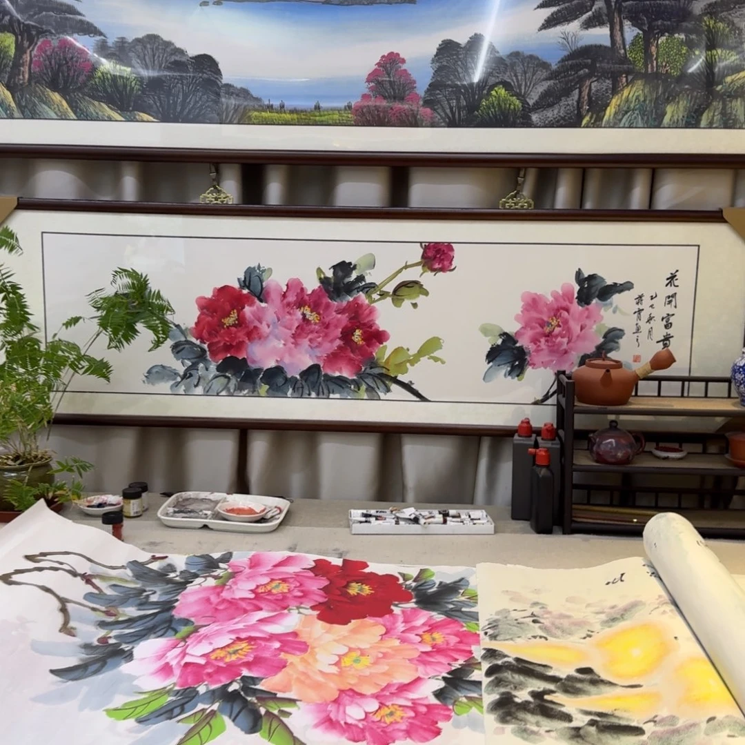 国画四尺对开牡丹画框165×49