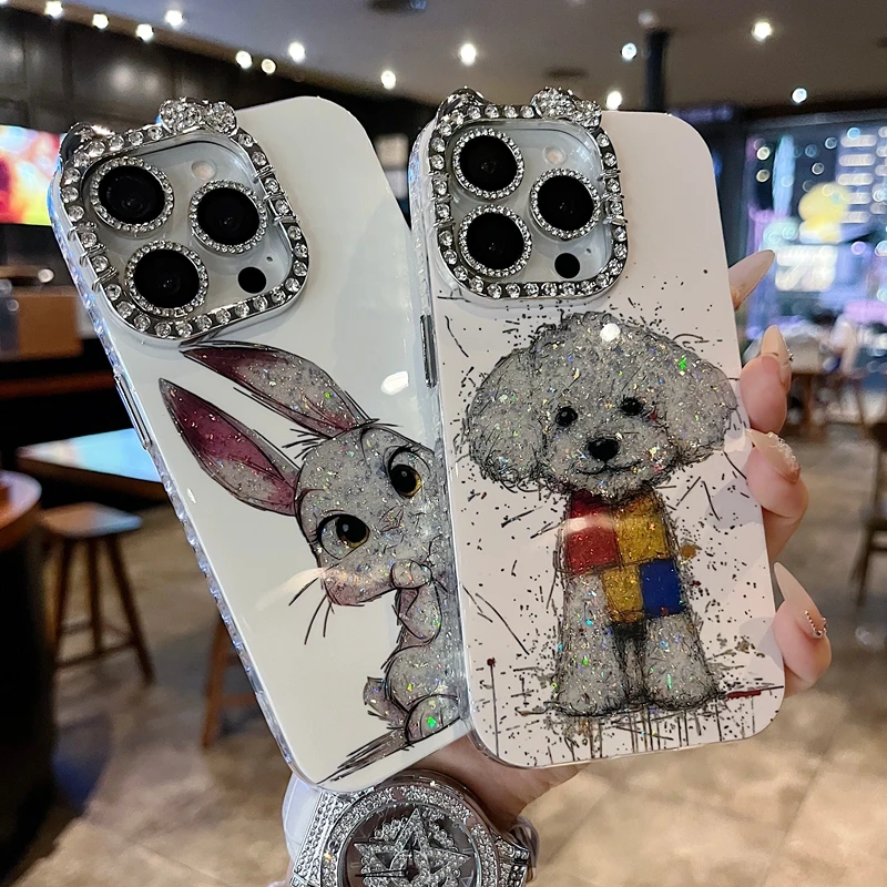 适用苹果系列iPhone16新款手机壳时尚感比熊满边钻框闪钻镜头膜