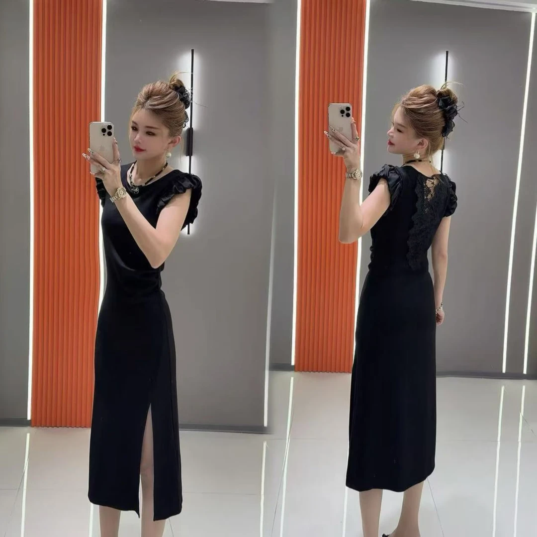 爆款2070 气质菲菲袖性感蕾丝收腰开衩长款连衣裙