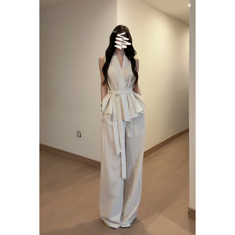 A1299#夏季新款法式不规则系带V领无袖上衣气质高腰宽松阔腿长裤