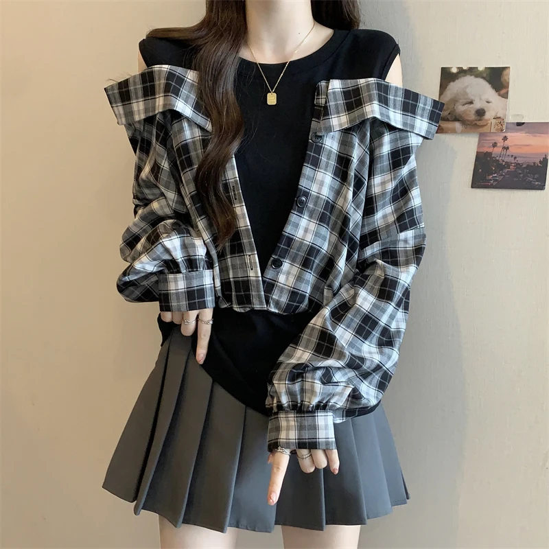 大码复古格子假两件露肩长袖衬衫女春秋胖妹妹设计感收腰显瘦上衣