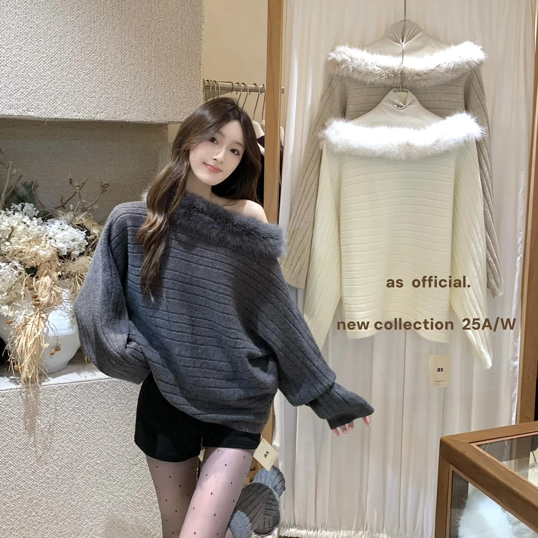 调性chill感——不费力Model风斜肩毛毛保暖毛衣