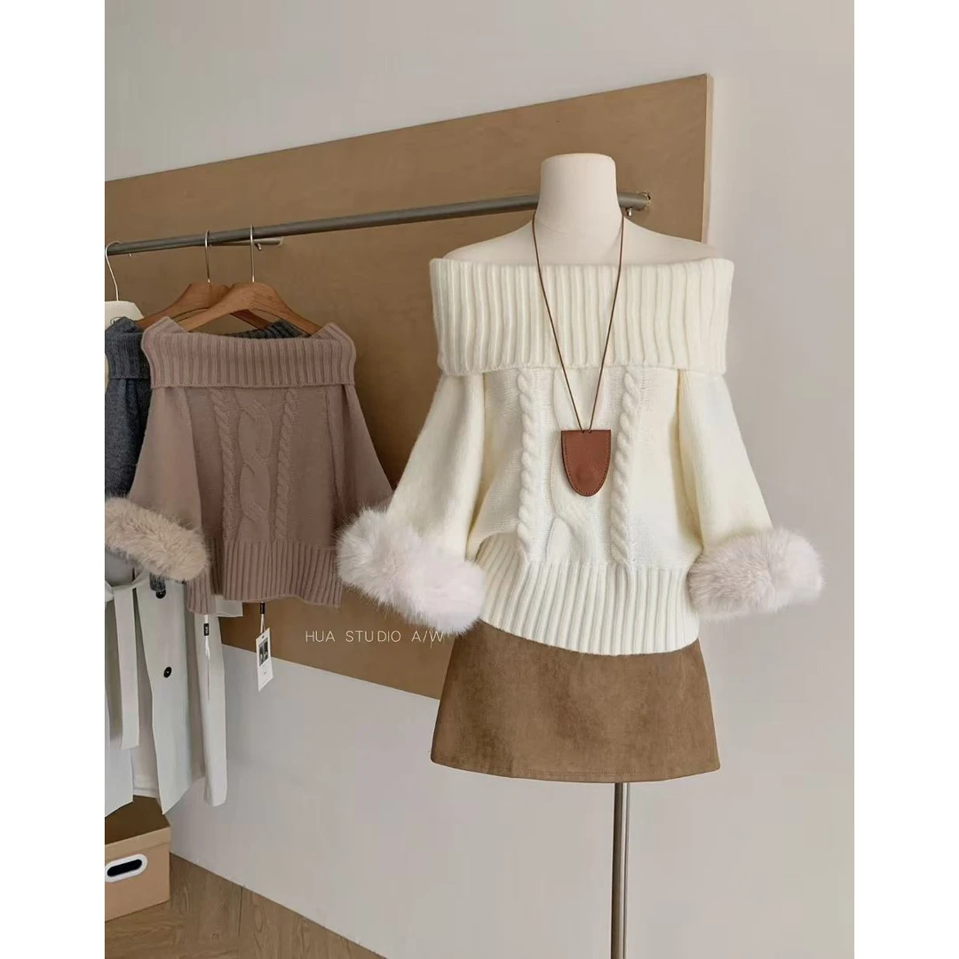 "京洛佳人"袖口毛毛高领毛衣女宽松网红针织衫一字肩