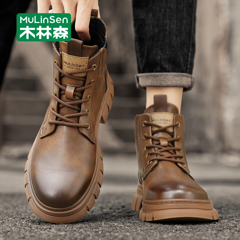 木林森马丁靴男款2025秋季新款复古休闲百搭英伦高帮厚底工装靴