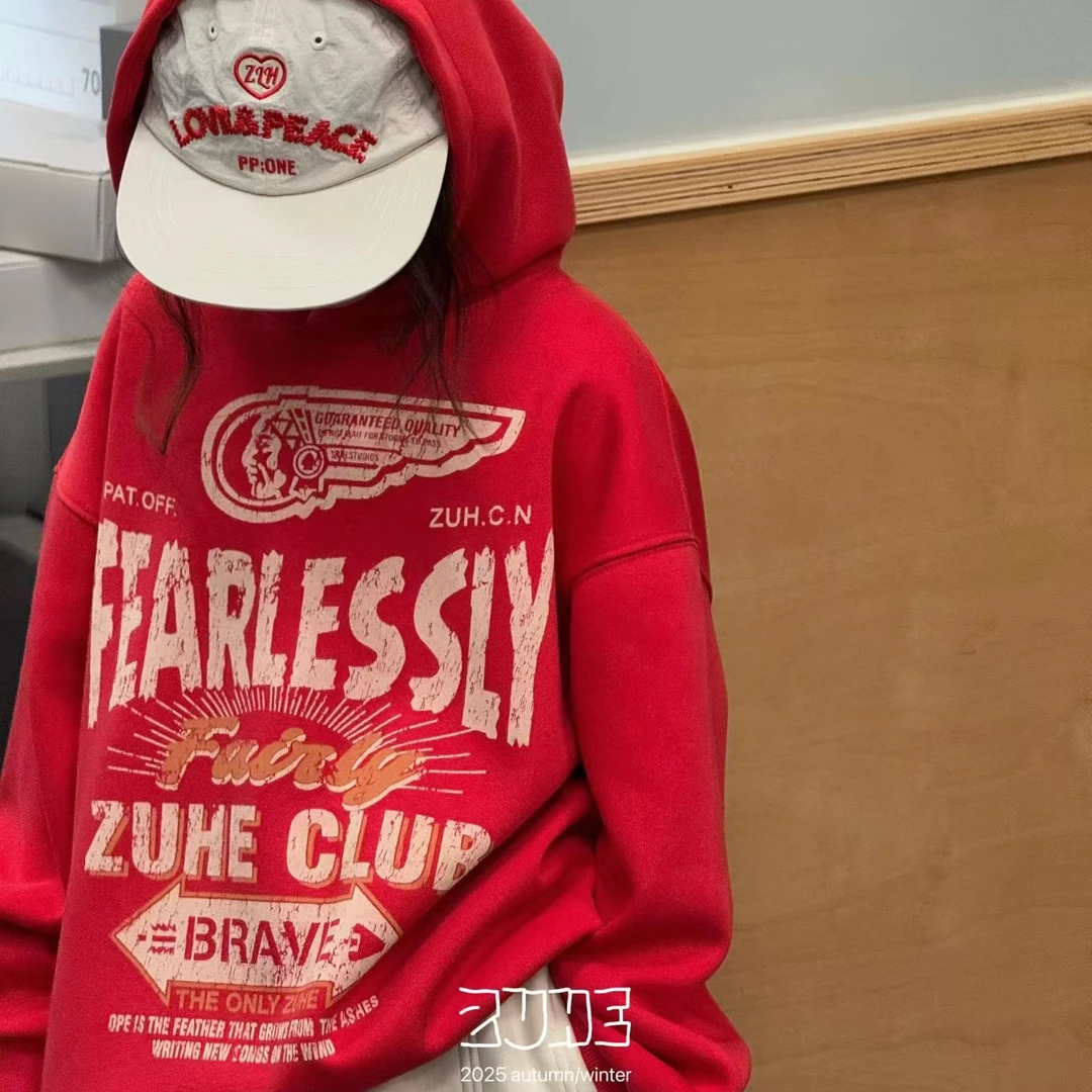 ZH91831秋冬新款儿童连帽卫衣女童时尚宽松童装红色冬季上衣大童