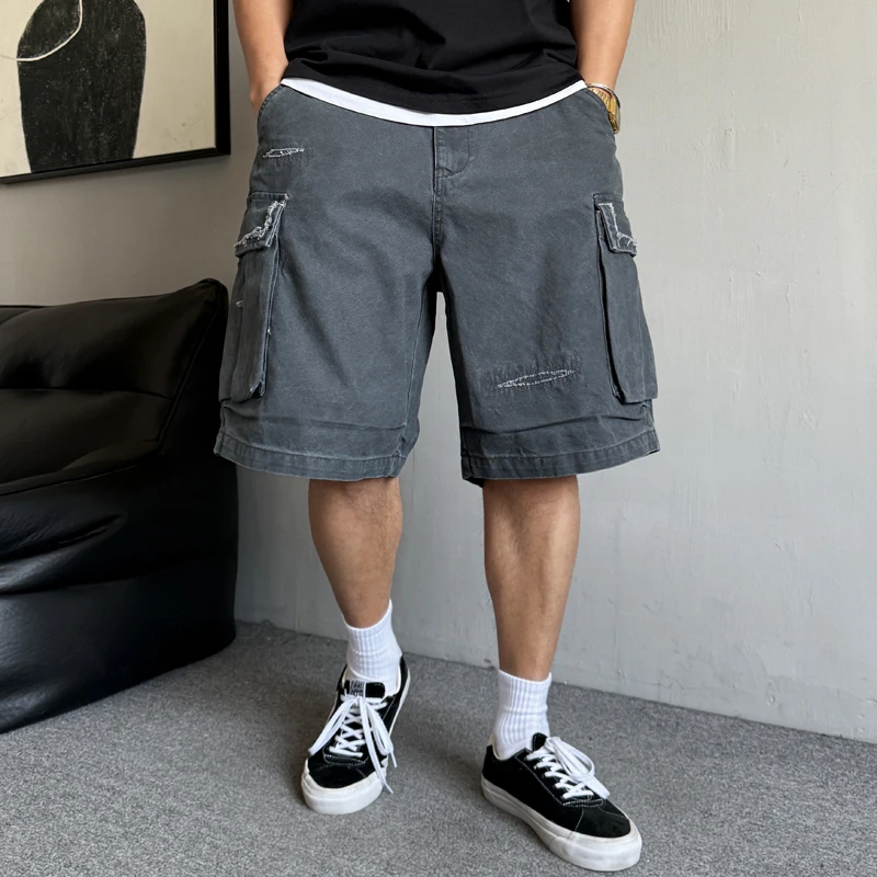 夏季美式休闲痞帅重磅水洗破洞大口袋工装短裤男宽松百搭五分裤潮