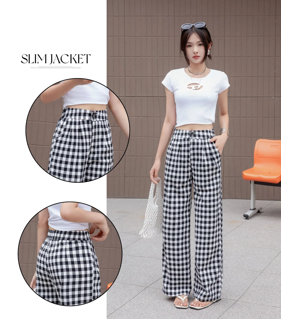 春秋格子阔腿女裤宽松窄版直筒中高腰爆款百搭时尚夏季必备格子裤