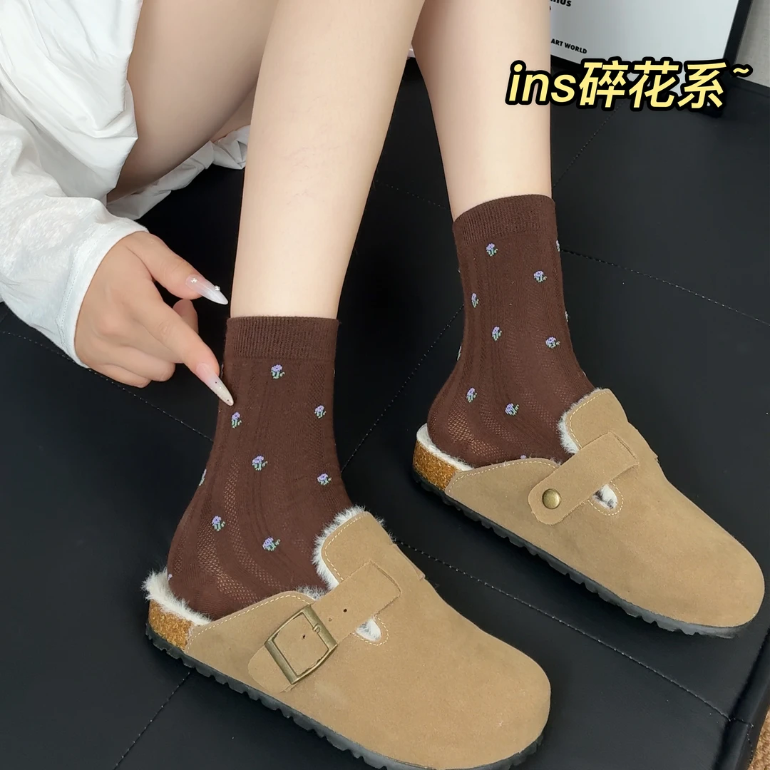 秋冬新款温柔小碎花袜子女士中筒袜ins风百搭堆堆袜日系长筒棉袜