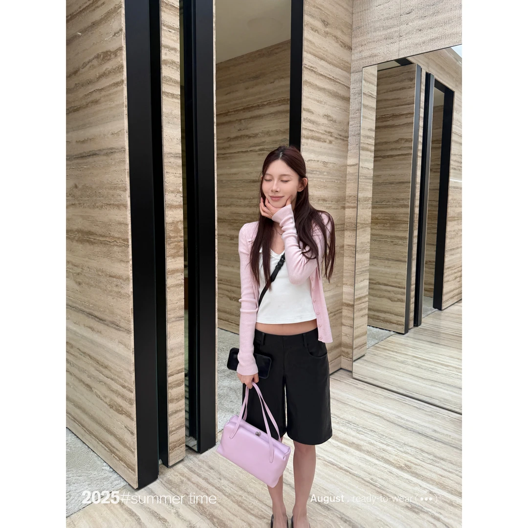 SUNONEONE 宽松阔腿黑色休闲五分皮裤女早秋季新款直筒短裤H1355K