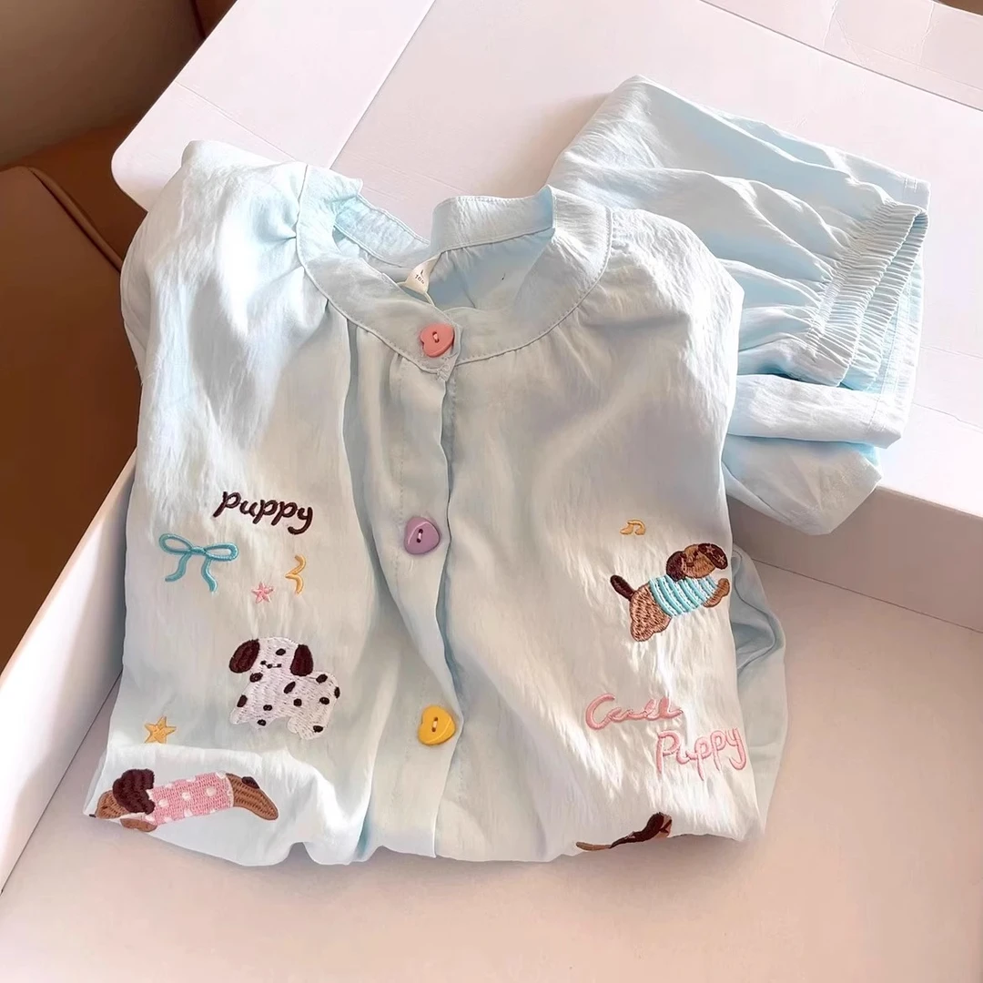 带胸垫睡衣女夏季三件套云朵棉甜美可爱卡通刺绣小狗可外穿家居服