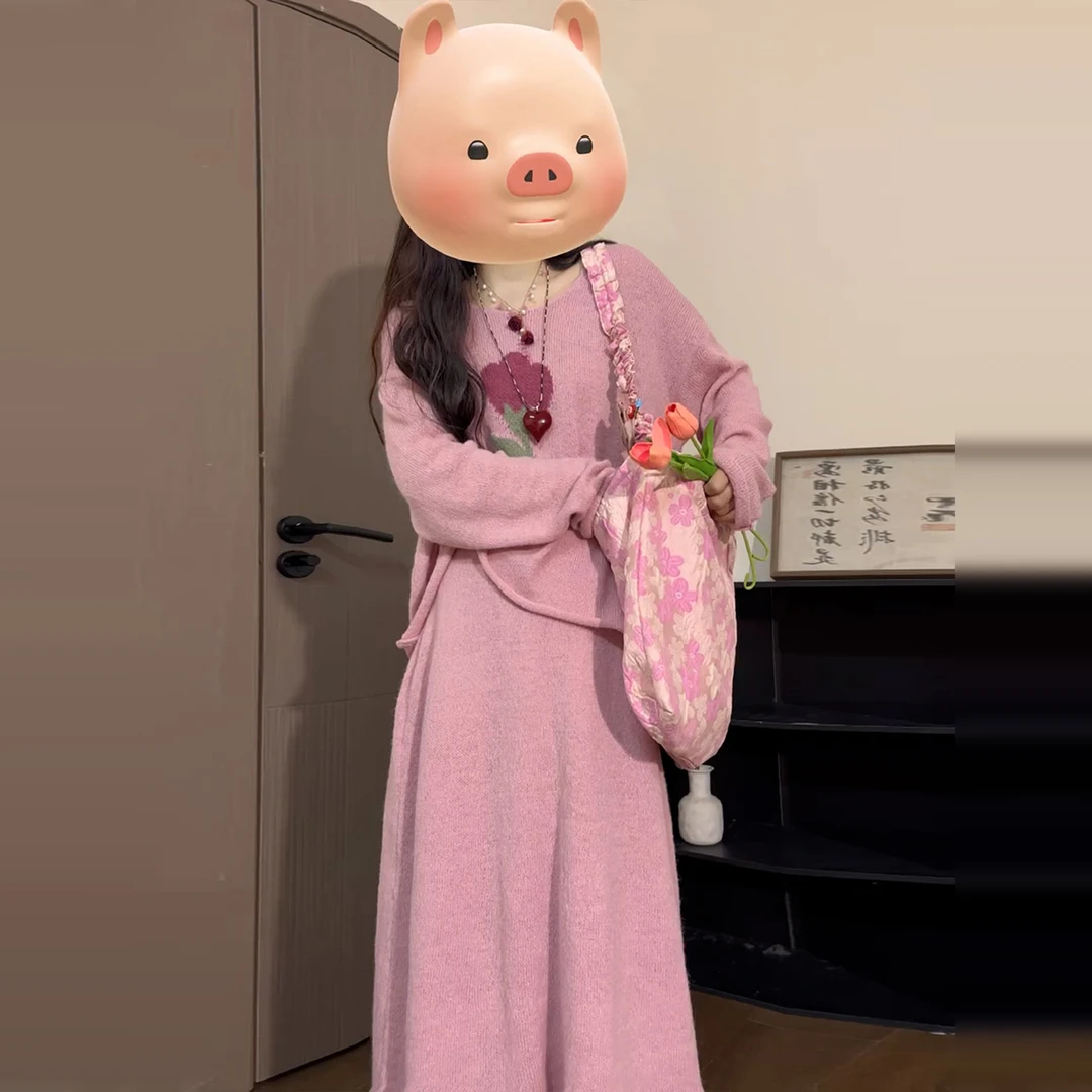 韩系穿搭配一整套装高级感长裙粉色针织连衣裙子女早秋季2025新款