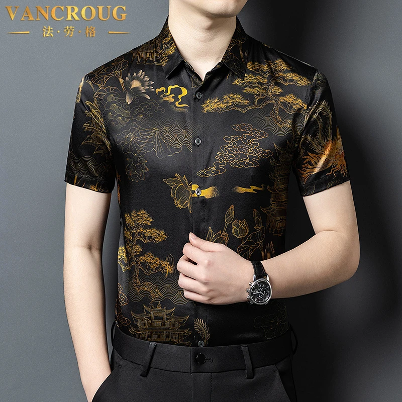 VANCROUG/法劳格短袖衬衫男士夏季新款复古休闲i国风提花薄款衬衫