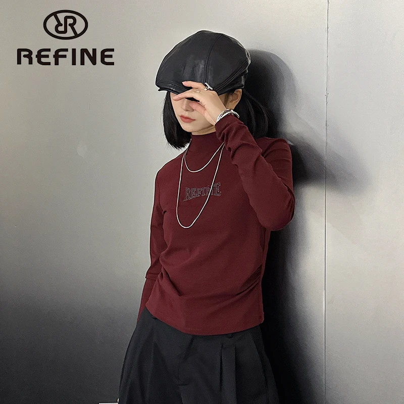 REFINE立范半高领时尚撞色字母绣花长袖T恤修身软糯套头上衣