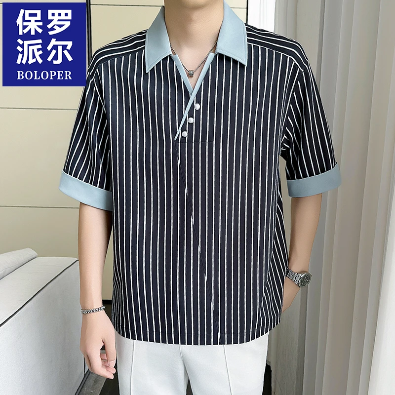 保罗夏季新款条纹撞色珍珠扣冰丝短袖衬衫设计感休闲薄款半袖衬衣