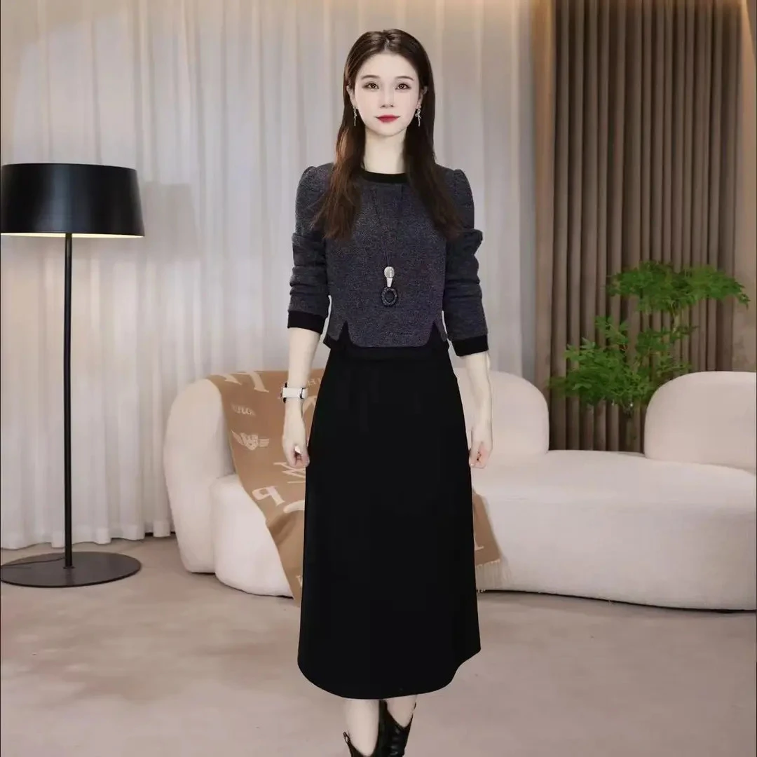 【连衣裙】秋冬新款显瘦气质长袖时尚黑色法式显瘦假两件连衣裙