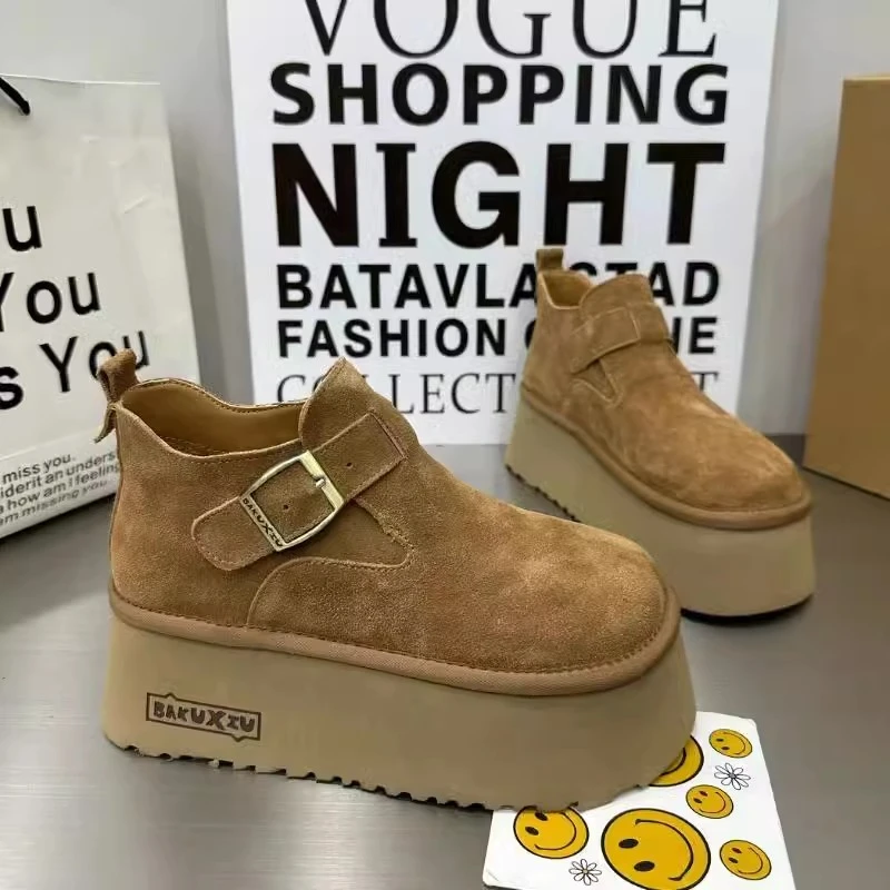 欧洲站复古磨砂翻毛皮松糕鞋女皮带扣圆头厚底切尔西靴短靴马丁靴