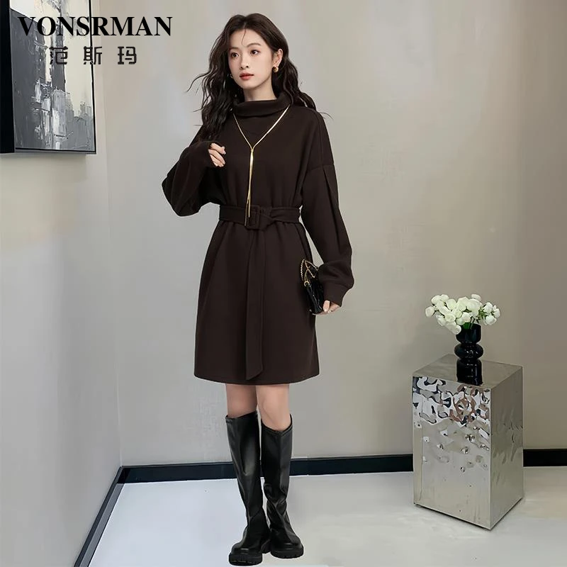 韩版轻熟风长袖连衣裙女秋季新款时尚洋气复古半高领收腰显瘦裙子