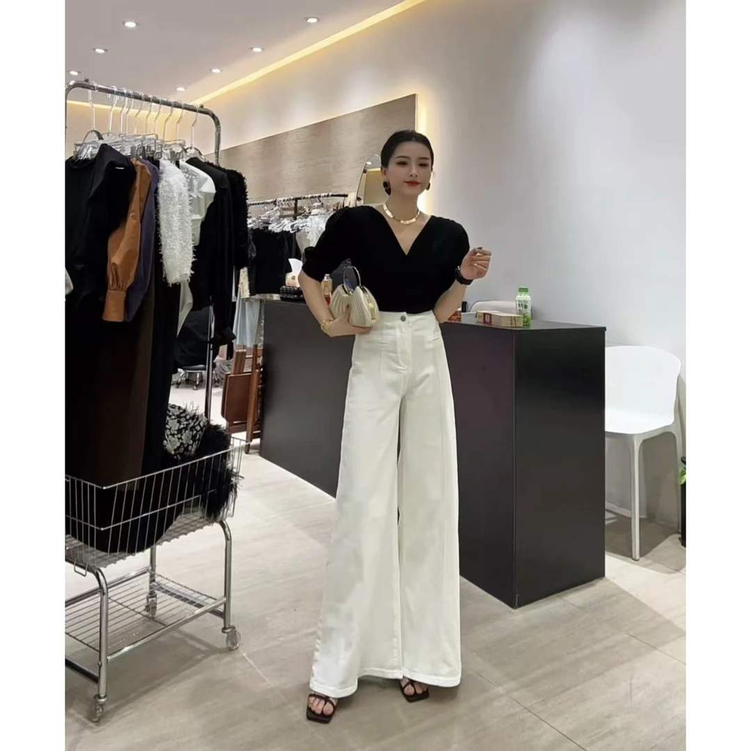 【Wan wan】白色假口袋一粒扣高腰弹力阔腿牛仔裤