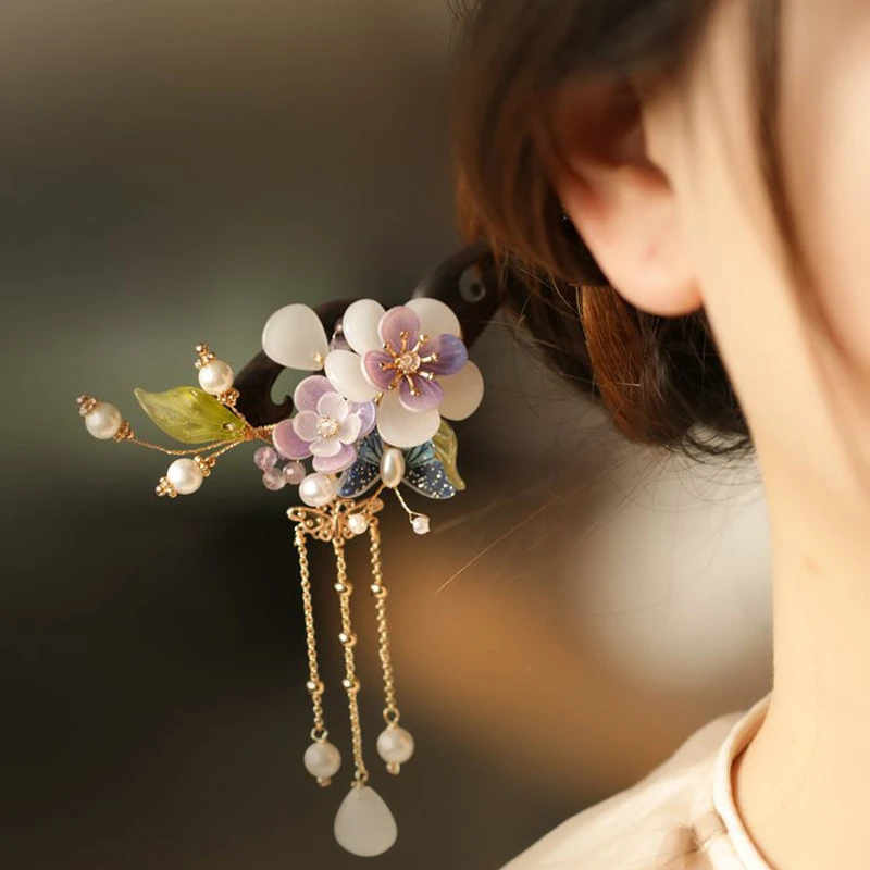 古风步摇马面裙发簪日常盘发木簪中国风汉服旗袍头饰紫阳花簪子女