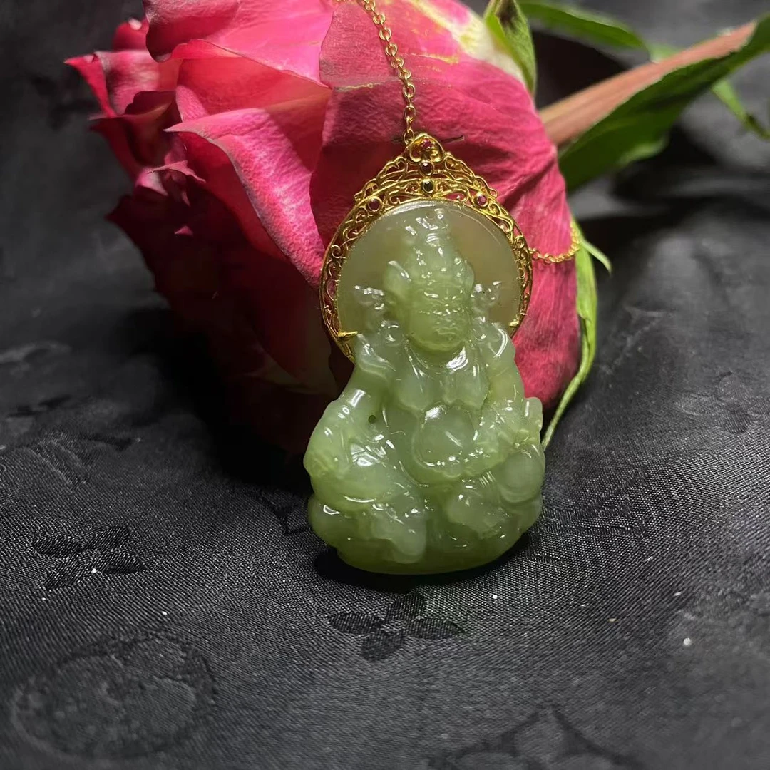 【玉合缘】天然和田玉18k金镶嵌大黑天吊坠 5932