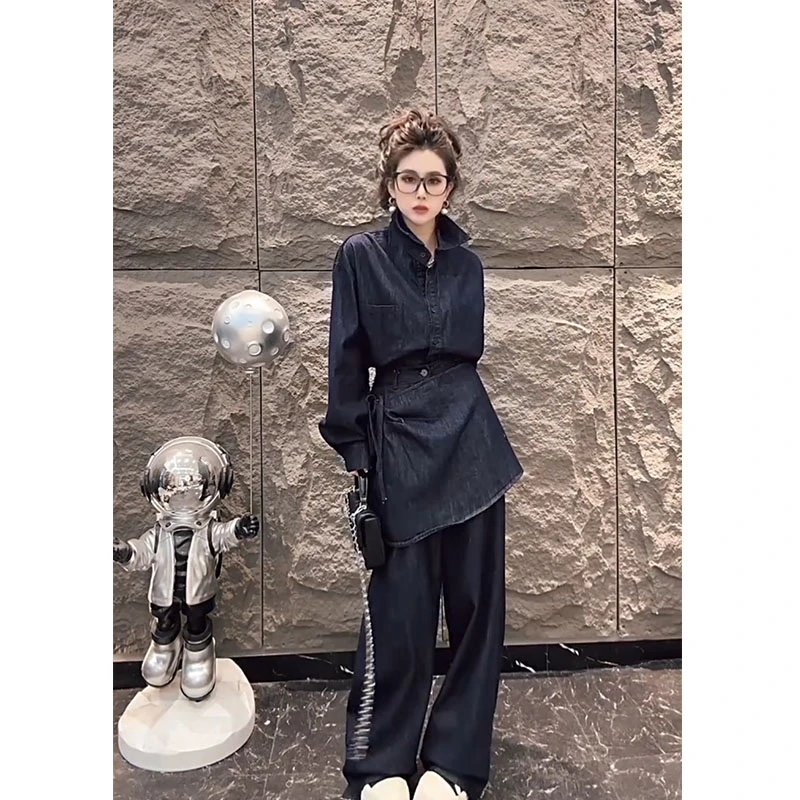 欧货2025早春新款复古牛仔酷飒长袖小众不规则别致腰封网红套装女