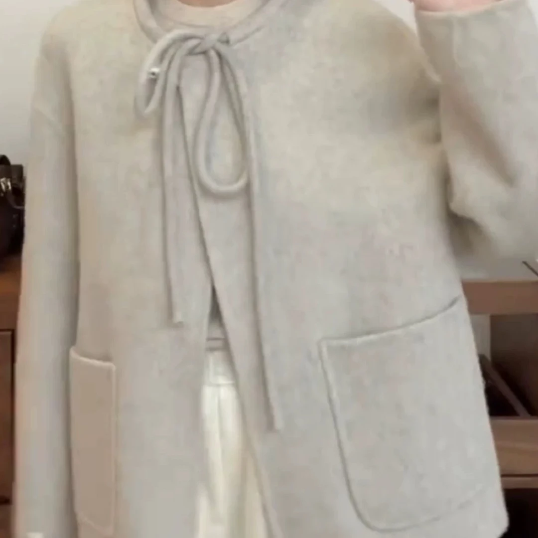 短款圆领双面毛呢大衣甜美韩版蝴蝶结绑带减龄外套