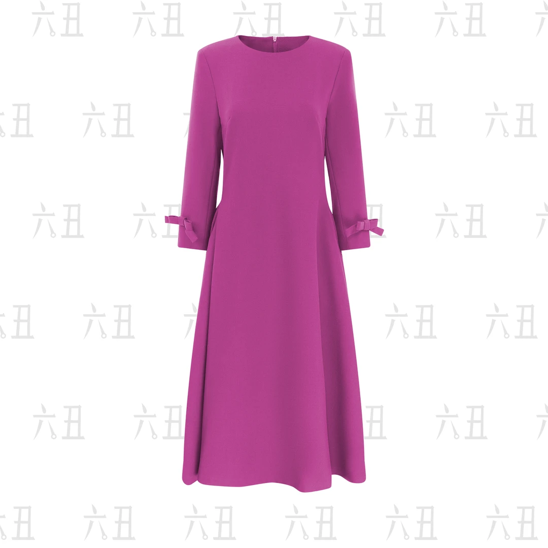 【六丑】新款赫本风高腰大摆显瘦袖口蝴蝶结纯色连衣裙410LYQ0633