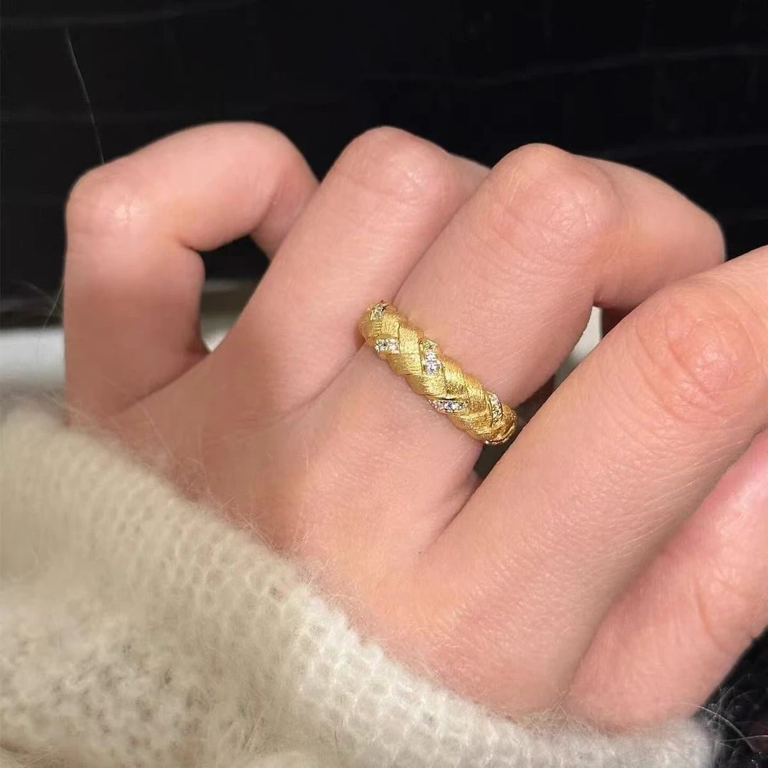 足银戒指 990拉丝磨砂高级质感爆款麦穗编织镶钻戒指纯银