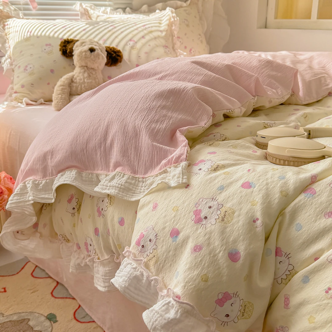 少女心花边床上四件套KT猫床品三件套床单被套2025新款公主风