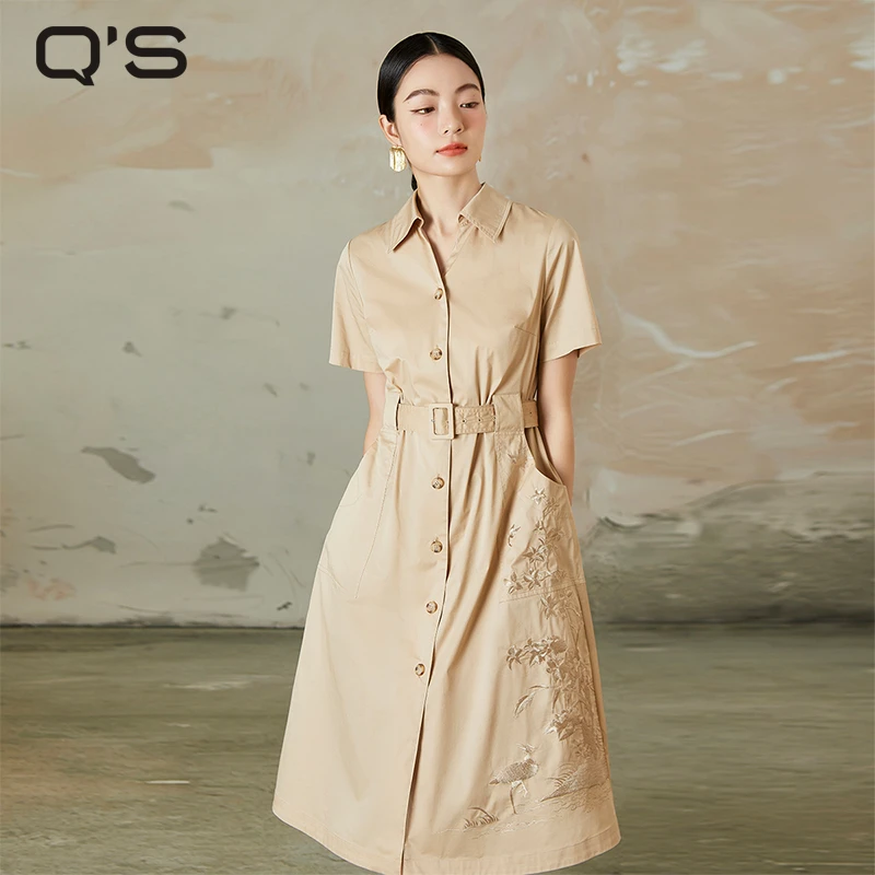 秸熙春季新款气质轻国风衬衫式连衣裙花鸟绣花系腰带A摆裙4XC694