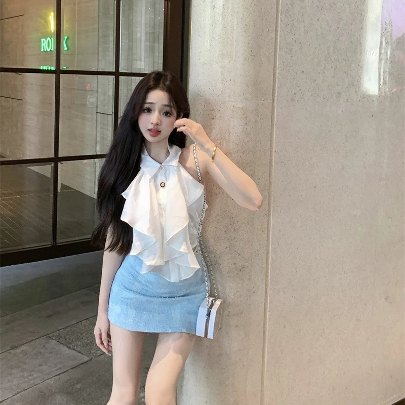 【慧慧】辣妹小众千金套装白色高腰上衣短款夏季时尚显瘦设计感裙子