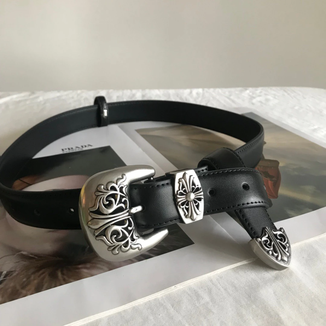 Misshoney 休闲百搭皮带 复古朋克风牛皮腰带真皮 3cm很重工中性