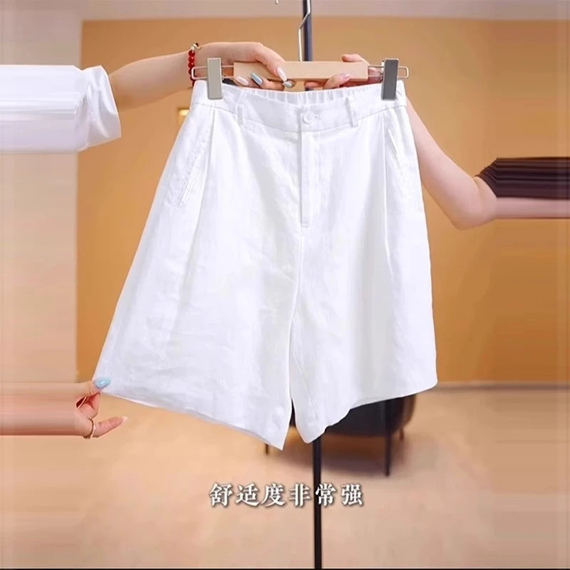 天丝亚麻5分短裤女夏季薄款冰丝阔腿热裤高腰宽松直筒棉麻五分裤
