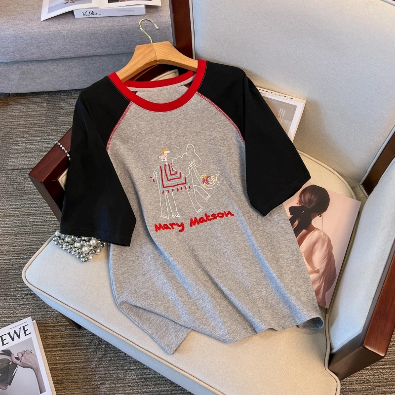 刺绣大象时尚百搭简约夏季圆领休闲减龄短袖T恤24127