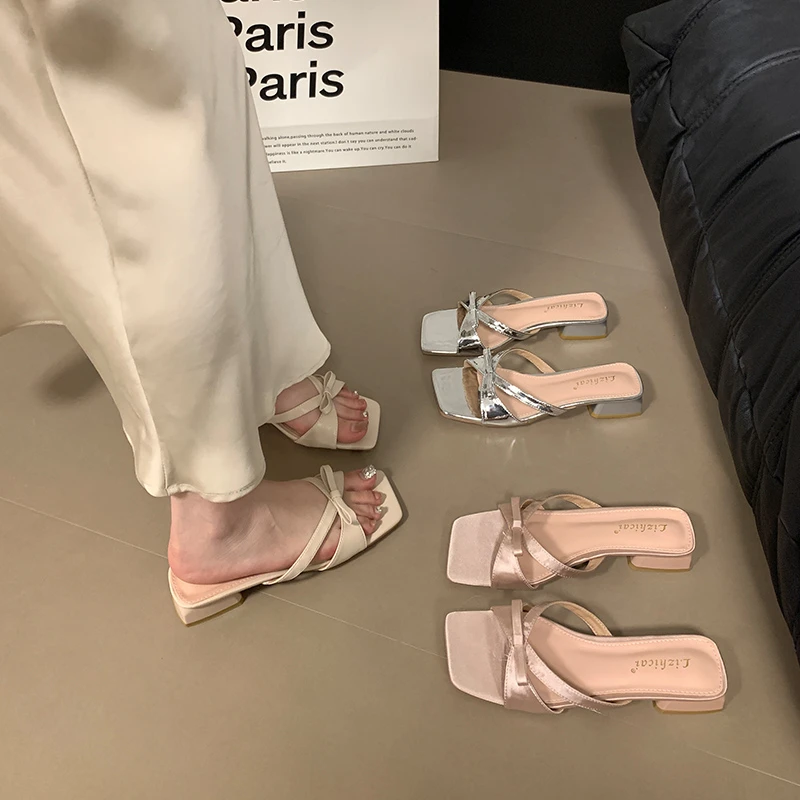 温柔晚晚风方头细带仙女一字露趾凉拖鞋女夏季外穿蝴蝶结显瘦拖鞋