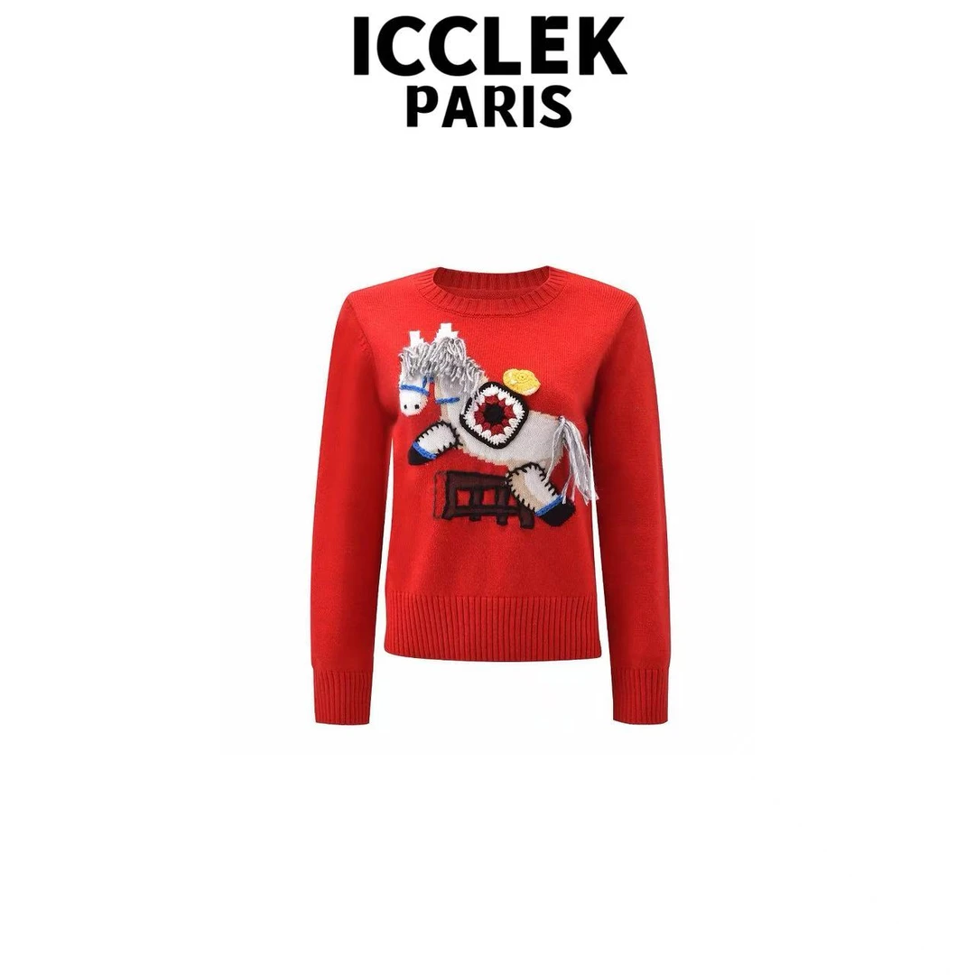 ICCLEK红色圆领图案长袖针织衫套头显瘦上衣百搭秋冬时尚 -  9411