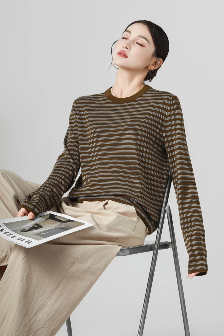 【可可专属】100%扬子精纺羊毛条纹宽松圆领女装宽松针织衫5367