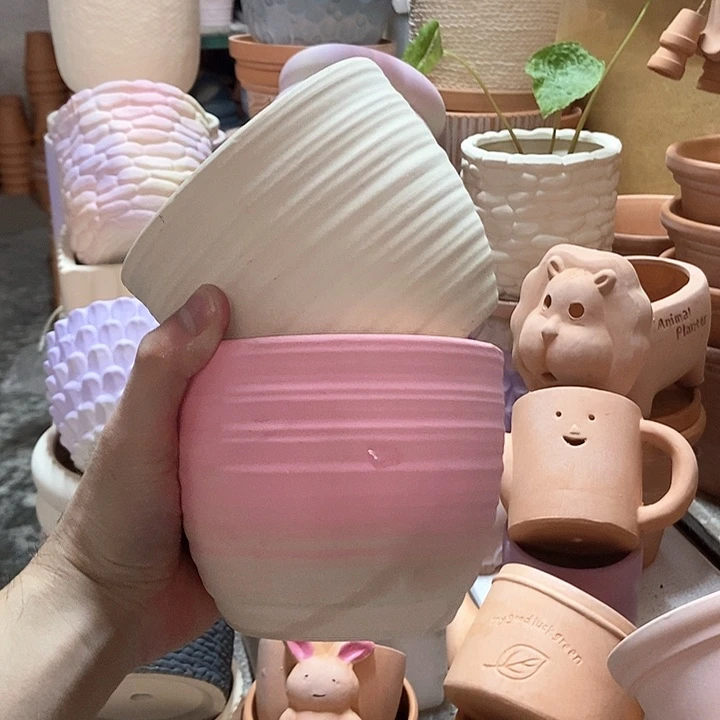 12×10拉丝盆 白+粉 粗陶2个