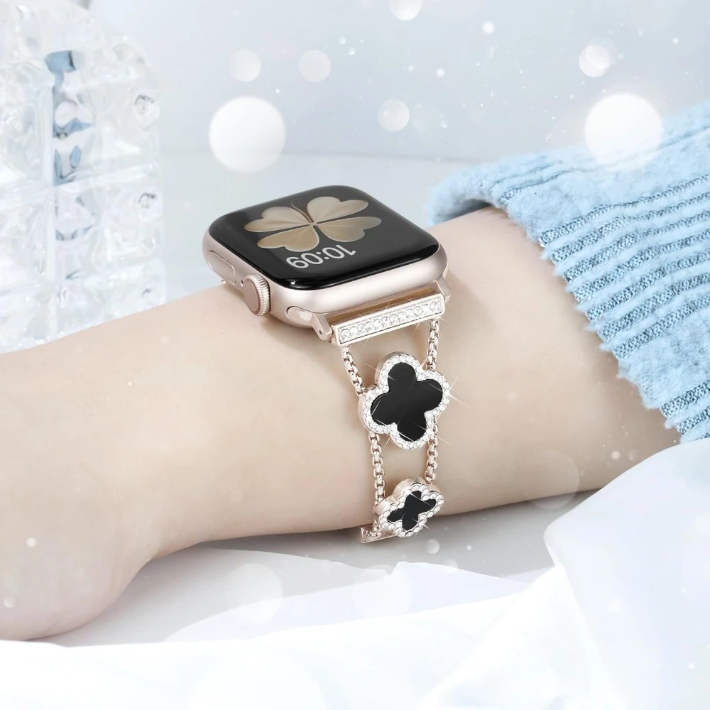 适用applewatch金属表带黑贝四叶草表带不锈钢细款手链表带女夏