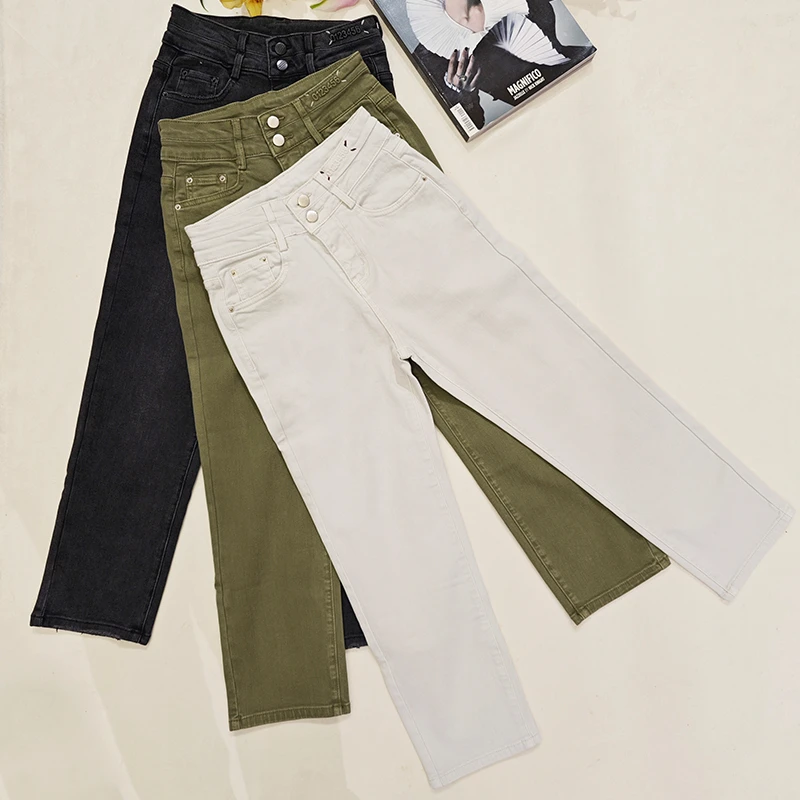 【HX女裤】DK391春秋牛仔烟管裤绿色白色百搭弹力小直筒时尚女裤