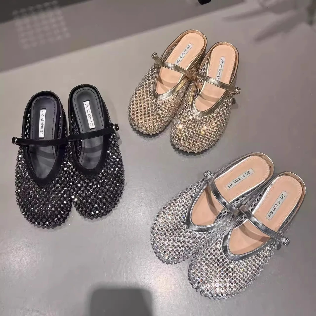 内增高水钻渔网包头半拖鞋女2025夏季新款厚底玛丽珍法式凉拖