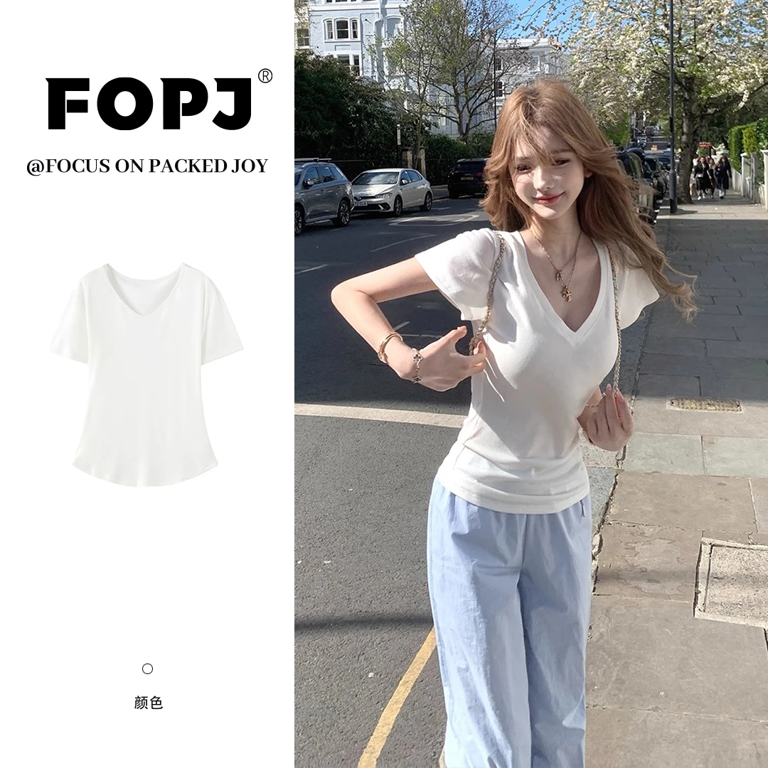 FOPJ韩系时尚短袖T恤女夏季纯色V领设计感收腰气质慵懒风ins上衣