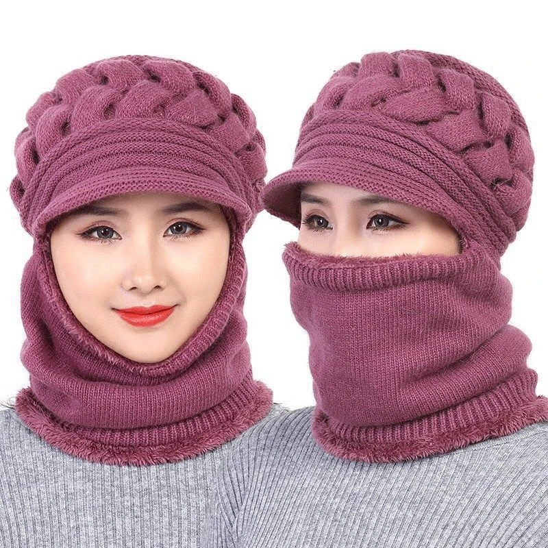 秋冬针织帽帽子女中老年人冬季毛线帽超厚加绒连体妈妈帽保暖