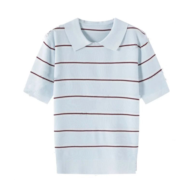 miu 系撞色条纹polo领针织衫夏季轻薄透气减龄T恤5262